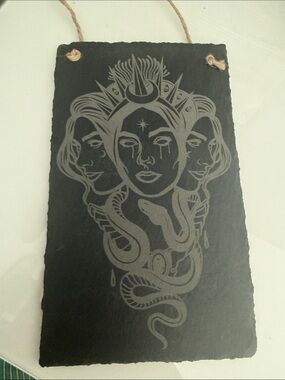Black Slate Triple-Faced Goddess Wall Plaque - Hecate 10 in